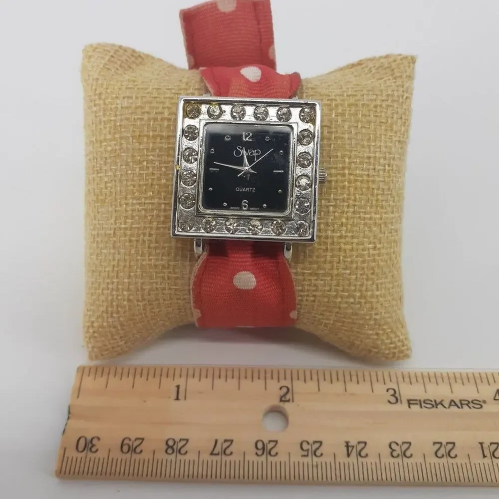 Swap Women Ribbon Wristwatch Red White Polka dot Rhinestone